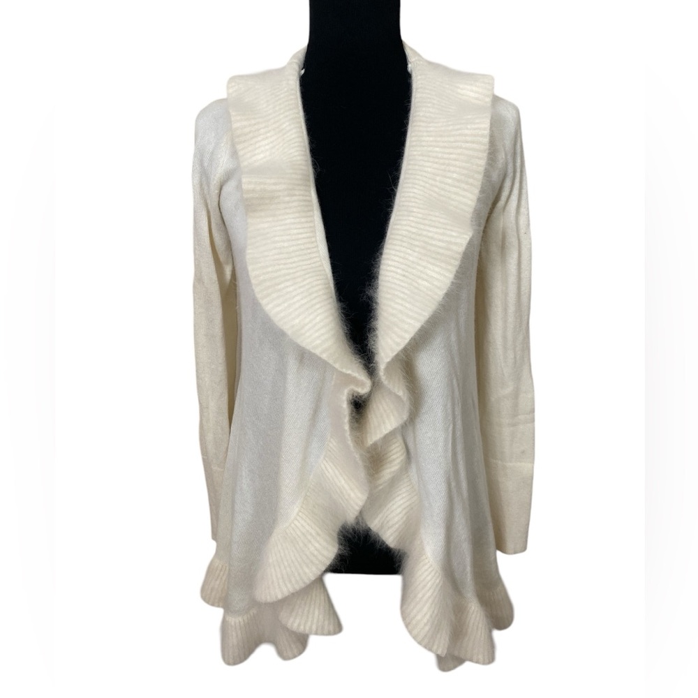 Lambs wool rabbit hair ruffle trim Open duster cardigan
